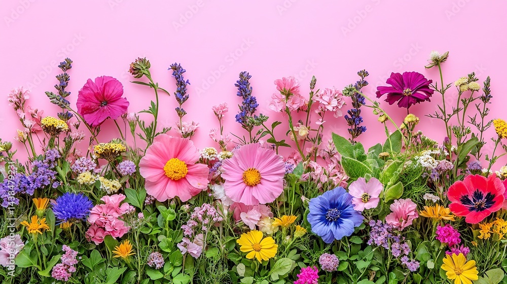 Vibrant flower arrangement on a pastel pink background