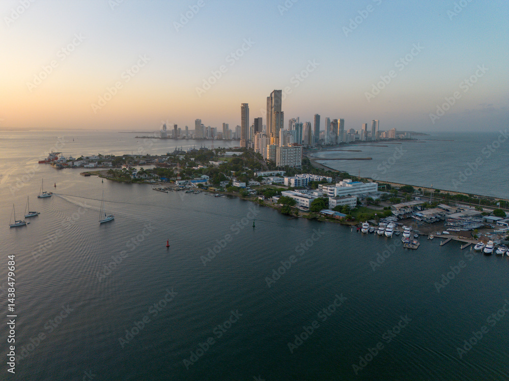 Obraz premium Aerial view of Cartagena, Colombia, South America. Modern skyscrapers during sunrise.