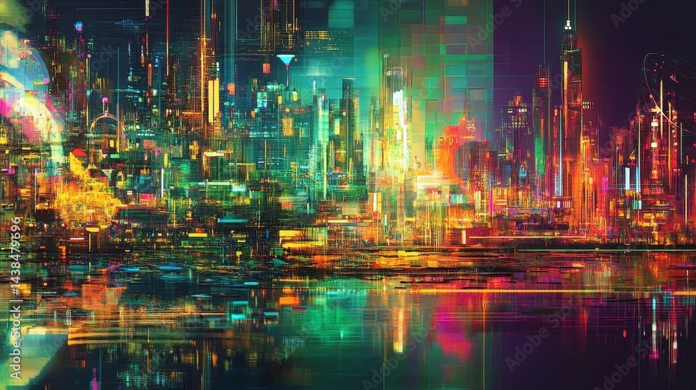 Obraz premium Vibrant cityscape nightlife futuristic urban setting digital art neon colors aerial view futuristic concepts