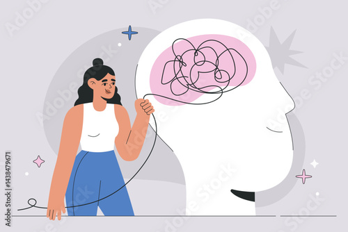 Woman Dealing with Mental Health Issues. Unraveling a Tangle of Problems, Emotional Healing, Inner Clarity, Psychotherapy, Depression Recovery and Personal Growth Flat Illustrated Vector Concept