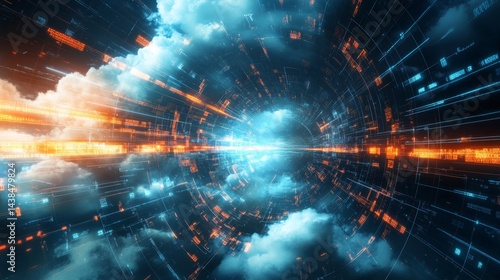 Fototapeta Naklejka Na Ścianę i Meble -  Futuristic data stream journey virtual space digital art sci-fi environment dynamic perspective innovation exploration