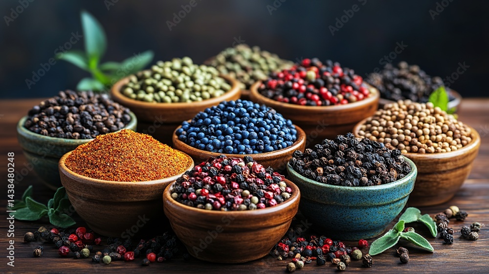 Assorted spices in small bowls on a wooden surface Assorted spices in small bowls on a wooden surface