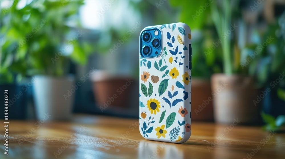Fototapeta premium Sticker mockup on a phone case with eco-friendly design and symbols