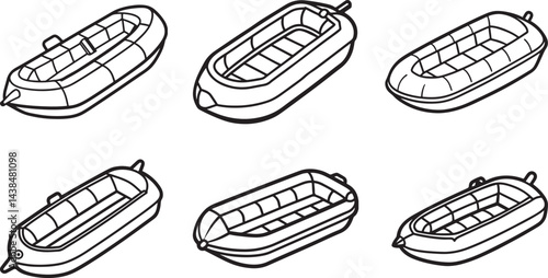 set of inflatable boat line art, black outline, vector and illustration, coloring book page line art drawing