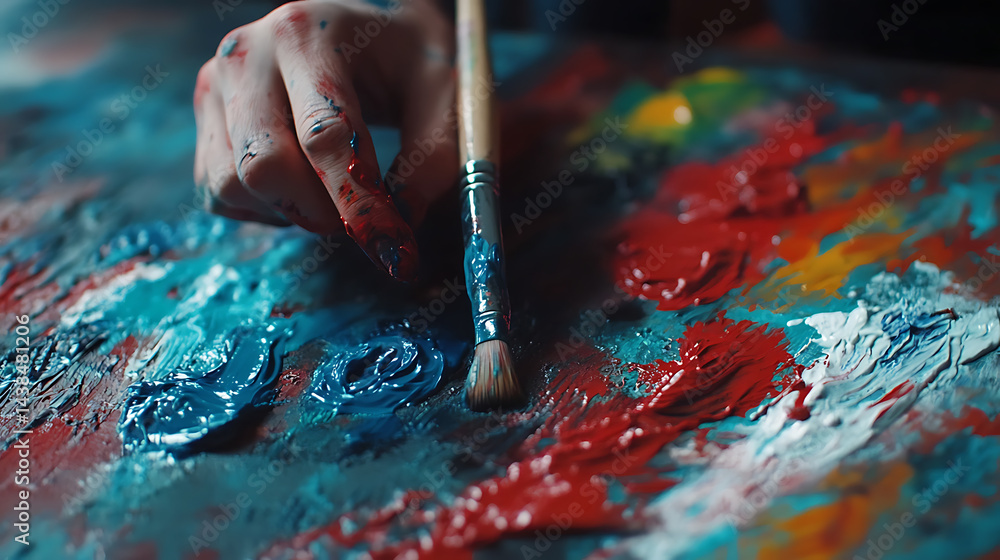 Hand Holding Paintbrush Over Colorful Palette Hand Holding Paintbrush Over Colorful Palette