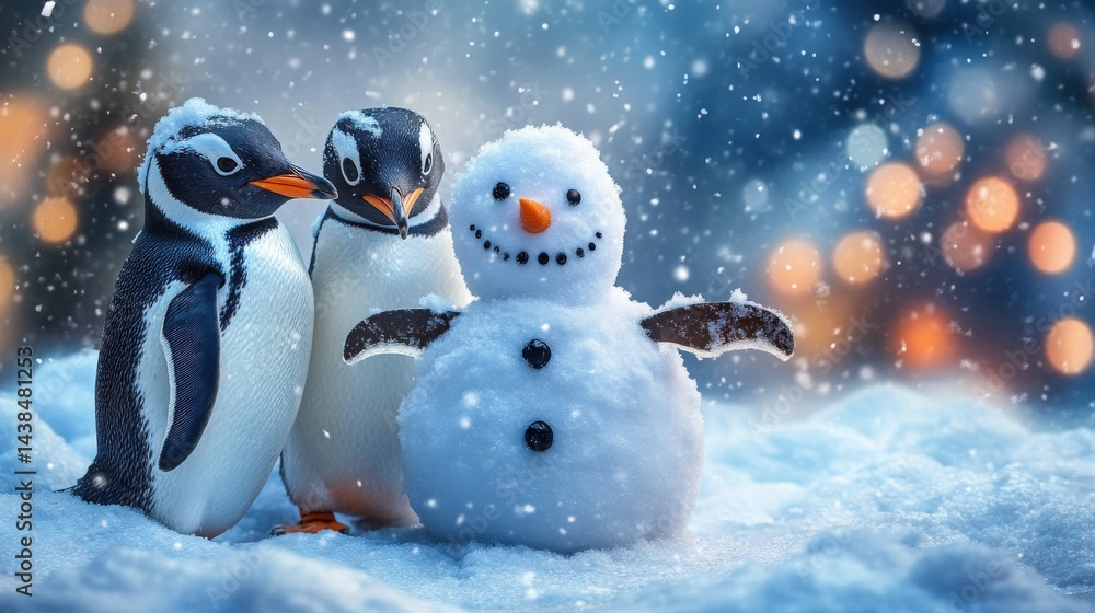 Snowy winter scene featuring penguins and a snowman. Snowy winter scene featuring penguins and a snowman.