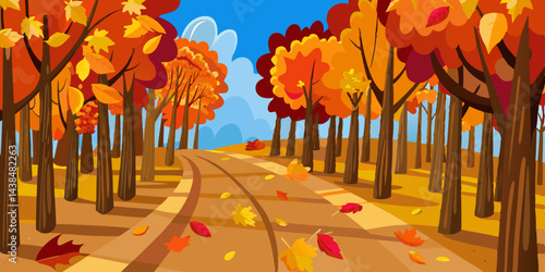 Vibrant fall season design featuring a vector illustration of an autumn landscape with colourful leaves on trees under a bright sky