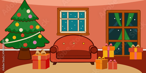 A decorated Christmas tree with gifts brightens the living room of a cosy home interior