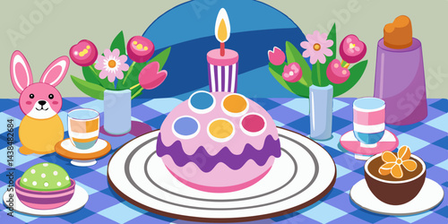 A sweet pink birthday cake with burning candles celebrates a happy anniversary