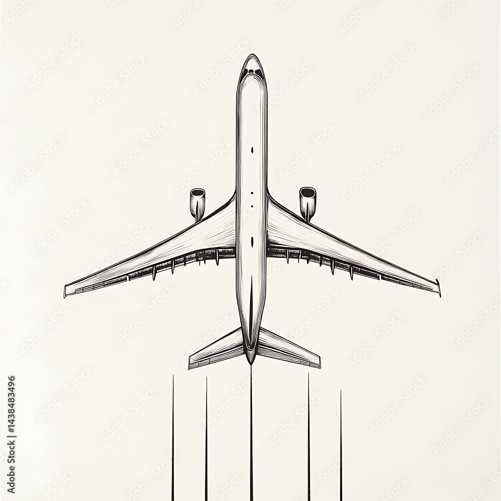 Top-Down Sketch of an Airplane Taking Off, Illustrating the Power and Freedom of Flight for Travel and Adventure.