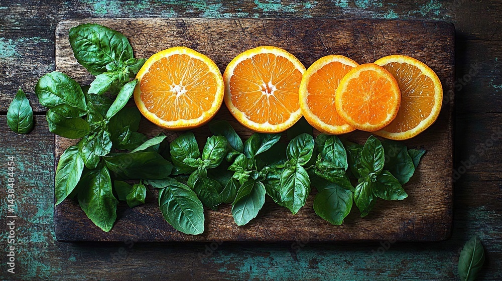 Fresh orange slices and basil leaves on a wooden board