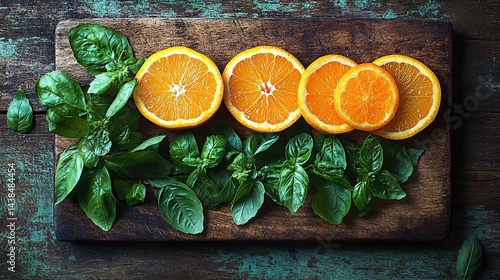 Obraz na płótnie Fresh orange slices and basil leaves on a wooden board w salonie