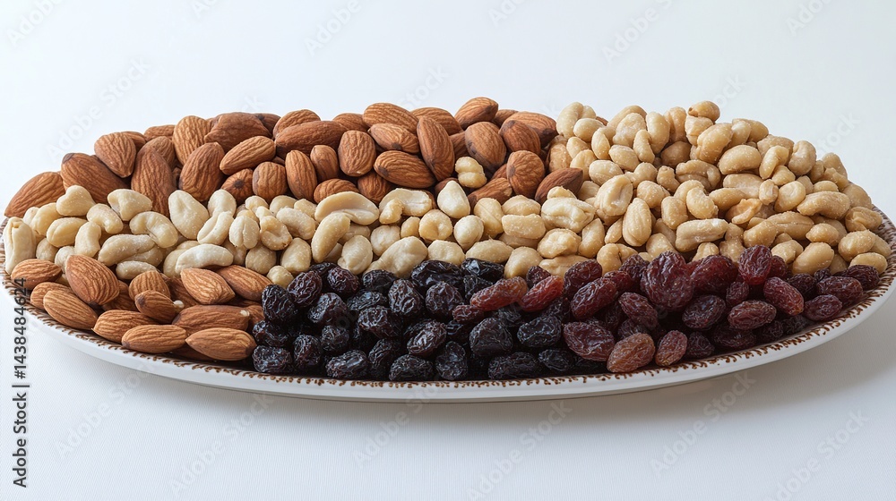 Assorted nuts and raisins on a platter