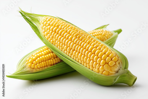 Wallpaper Mural Bright golden corn on the cob with husks pulled back, isolated on a clean white background.

 Torontodigital.ca