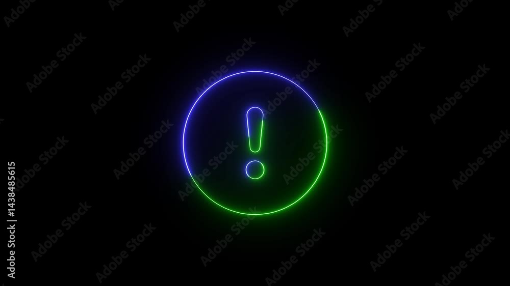 Glowing Neon Exclamation Mark Inside Circle Against Dark Background Animated Stock Footage Glowing Neon Exclamation Mark Inside Circle Against Dark Background Animated Stock Footage