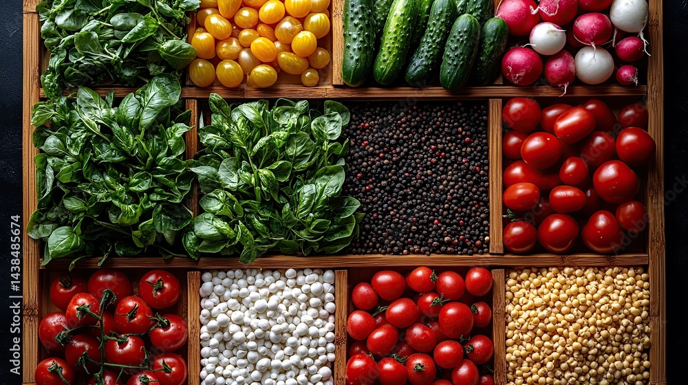 Fresh, vibrant produce arranged in wooden compartments
