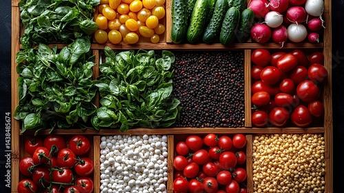 Obraz na płótnie Fresh, vibrant produce arranged in wooden compartments w salonie