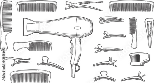 Hair Dryer and Styling Tools - Black and White Vector Illustration