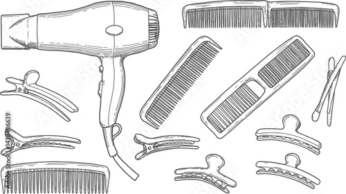 Black and White Hair Dryer and Styling Tools Vector Illustration