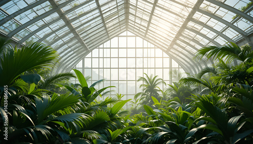 Tropical Greenhouse Interior with Sun Beams and Layered Plant Silhouettes