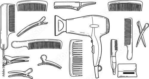 Black and White Hair Dryer and Styling Tools Vector Illustration