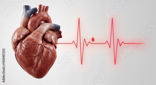 Obraz na płótnie Realistic human heart with a heartbeat line and droplet on white background w salonie