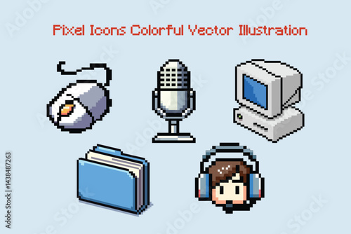 Bring retro vibes to life with this colorful pixel art collection! Featuring a classic mouse, vintage microphone, old computer, blue folder, and a cute gamer avatar