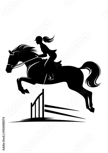Equestrian jumping female silhouette vector flat illustration