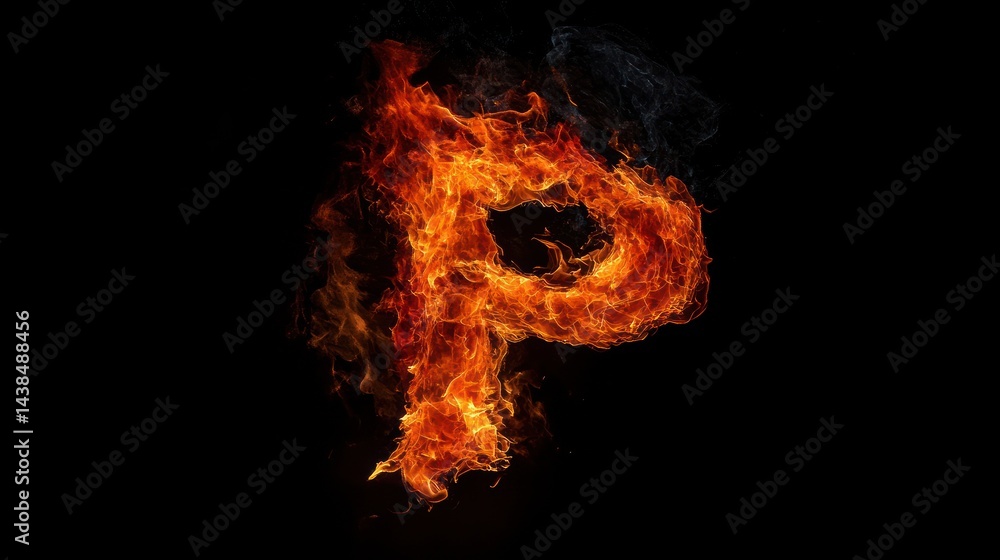 Fiery letter P, burning flames, dark background, abstract art, design element Fiery letter P, burning flames, dark background, abstract art, design element