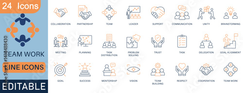 Editable vector line icon set featuring teamwork, leadership, collaboration, and business communication concepts. Perfect for digital designs, presentations, and corporate websites.