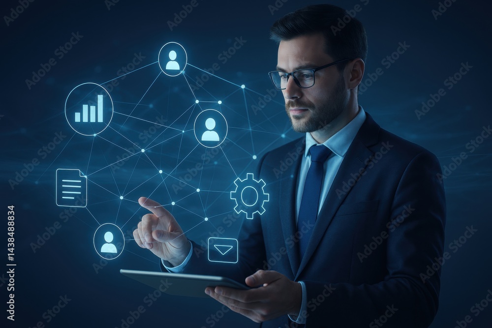 The Visionary Leader: A confident businessman, immersed in the digital realm, navigates intricate data networks using a tablet, symbolizing forward-thinking leadership in the age of technology. The Visionary Leader: A confident businessman, immersed in the digital realm, navigates intricate data networks using a tablet, symbolizing forward-thinking leadership in the age of technology.