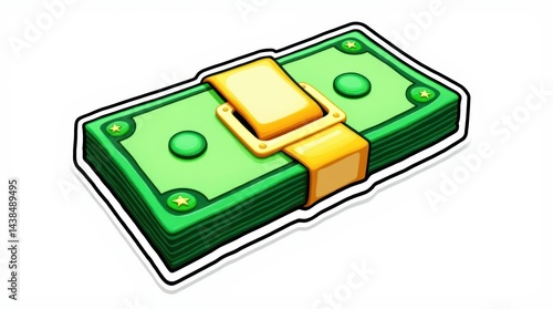 Illustration of a Stack of Money with Green Dollar Bills and a Golden Band Displaying Financial Wealth