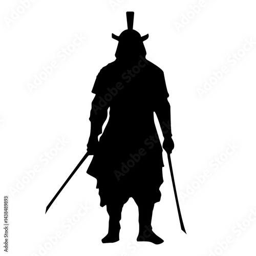 Silhouette of samurai in a fighting stance with swords and armour isolated over white background.Japanese brave samurai warrior in a powerful stance ready for combat vector graphic illustration.