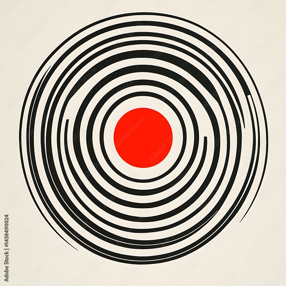 Abstract Geometric Circle Design with Bold Black Lines and a Vibrant Red Center, creating a dynamic visual.