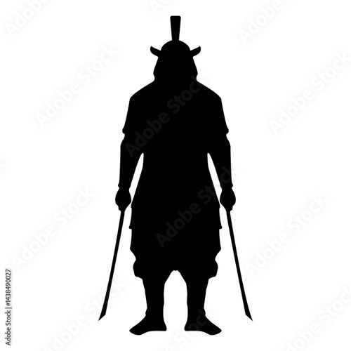 Silhouette of samurai in a fighting stance with swords and armour isolated over white background.Japanese brave samurai warrior in a powerful stance ready for combat vector graphic illustration.