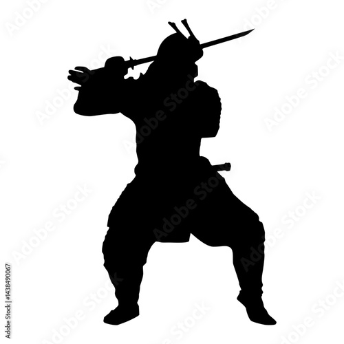 Silhouette of samurai in a fighting stance with swords and armour isolated over white background.Japanese brave samurai warrior in a powerful stance ready for combat vector graphic illustration.