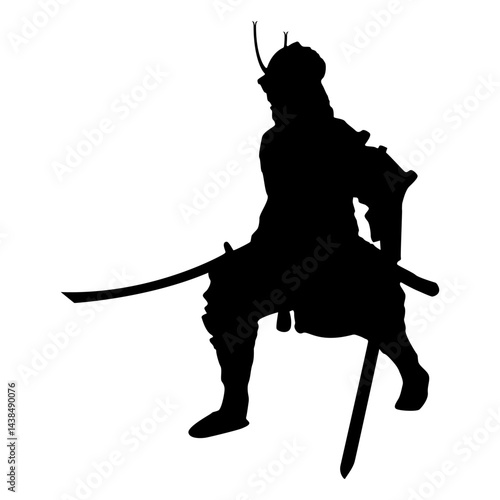Silhouette of samurai in a fighting stance with swords and armour isolated over white background.Japanese brave samurai warrior in a powerful stance ready for combat vector graphic illustration.
