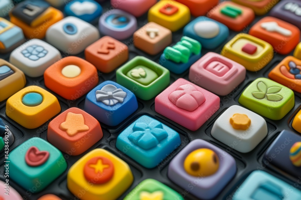 Fototapeta premium Colorful square keyboard buttons with social media icons on a vibrant background