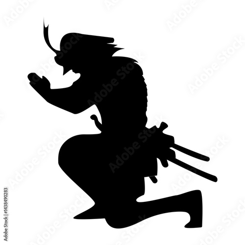 Samurai warrior bowing with hands folded for praying.Japanese warrior with swords and armour in a posture of submission to God,his sub consciousness and ones ego.Japanese soldier praying eps10 vector.