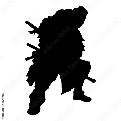 Silhouette of samurai in a fighting stance with swords and armour isolated over white background.Japanese brave samurai warrior in a powerful stance ready for combat vector graphic illustration eps 10