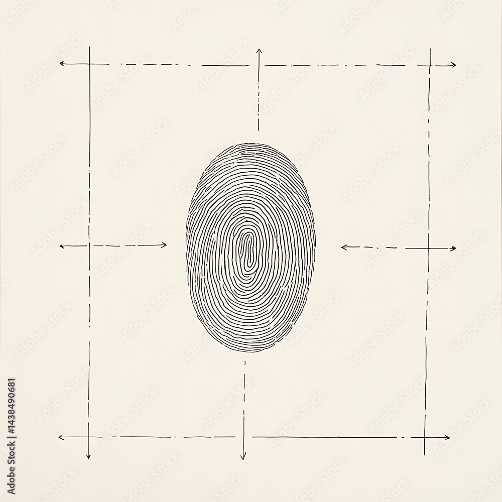 Unique Fingerprint Detail Illustration with Lines, Directions and Geometric Frame for Personal Identity Concepts.