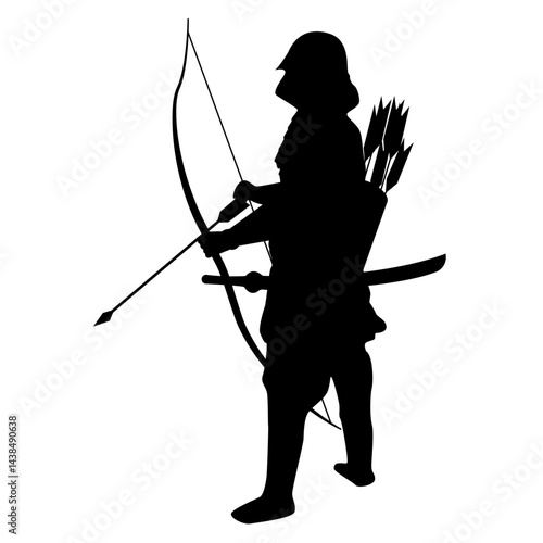 Samurai warrior with bow and arrow aiming at target or enemy.Japanese samurai warrior archer aiming longbow silhouette graphic icon isolated white background.Traditional archer with drawn bow icon.