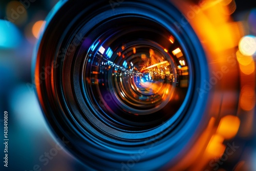 Closeup of professional camera lens with colorful reflections