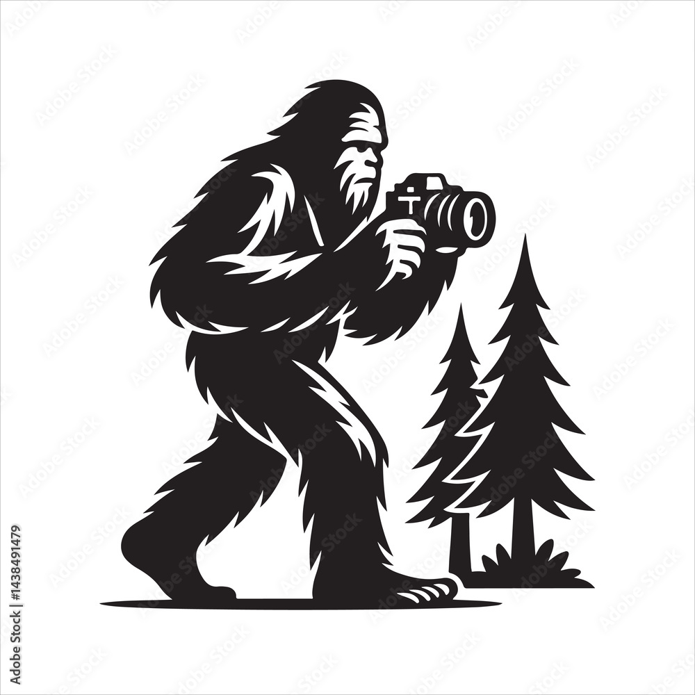 Fototapeta premium Black and white silhouette of Bigfoot (Yeti) crouching slightly while focusing with a camera, surrounded by evergreen trees