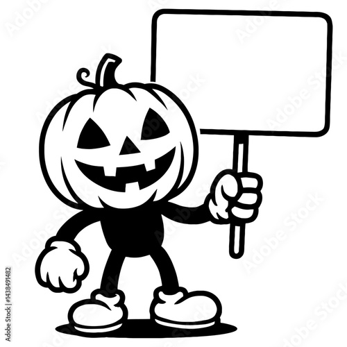 Cartoon Halloween Pumpkin Character Holding Blank Sign - Black and White Illustration for Holidays, Spooky, or Graphic Themes