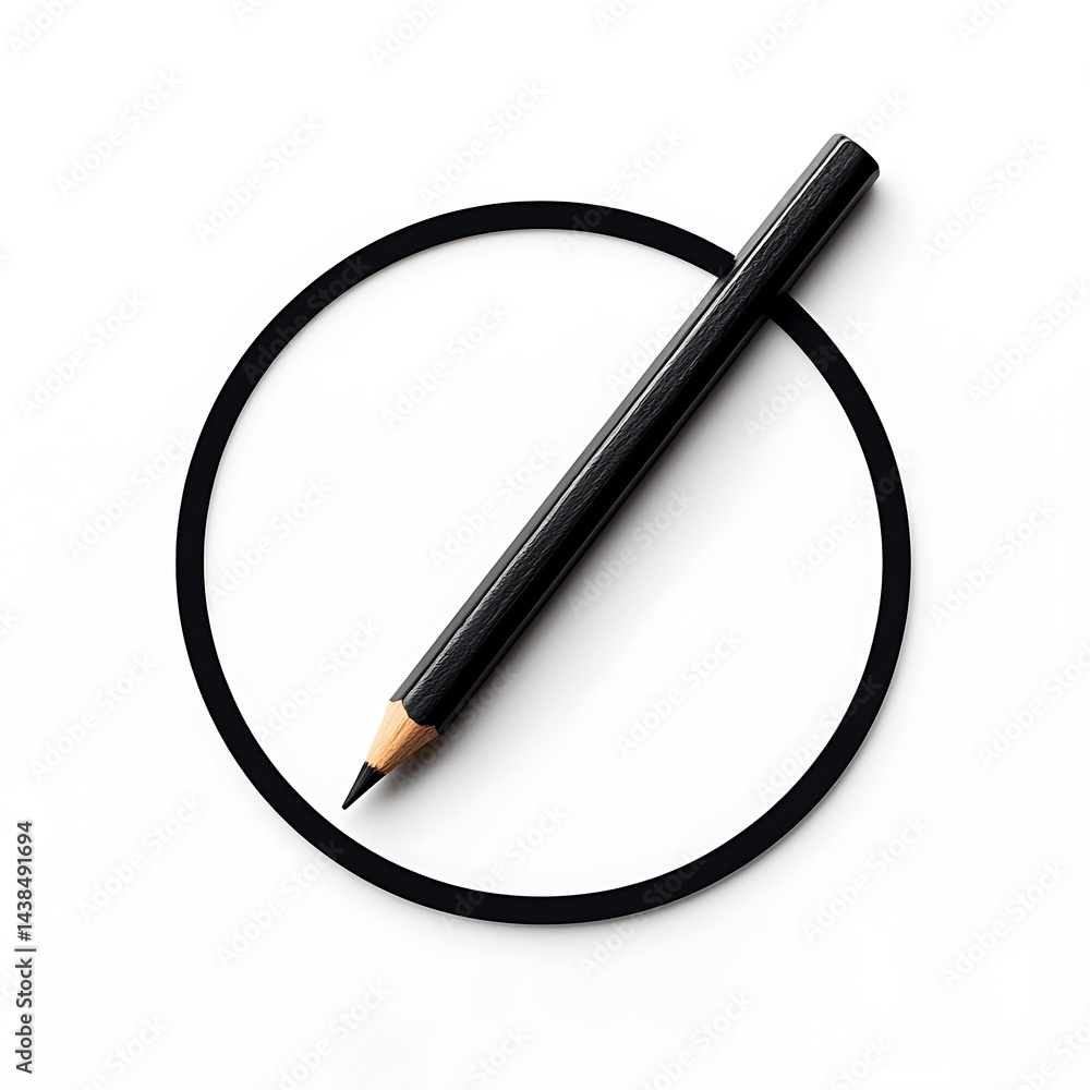 Black Pencil Placed Diagonally Over Dark Circle on White Surface, a Minimalist Concept Design with Clean Lines.