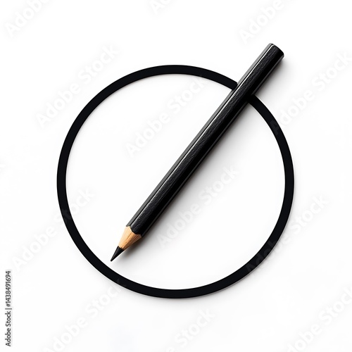 Obraz na płótnie Black Pencil Placed Diagonally Over Dark Circle on White Surface, a Minimalist Concept Design with Clean Lines. w salonie