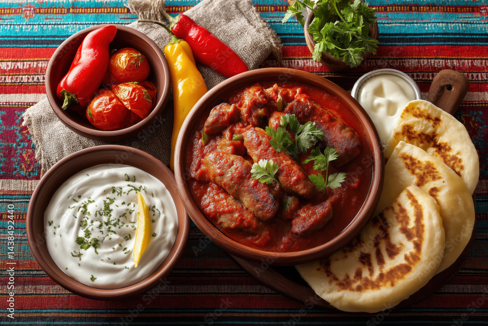 Traditional Turkish Iskender kebab in rich tomato sauce served with flatbread and yogurt.
Traditional Turkish Iskender kebab in rich tomato sauce served with flatbread and yogurt.