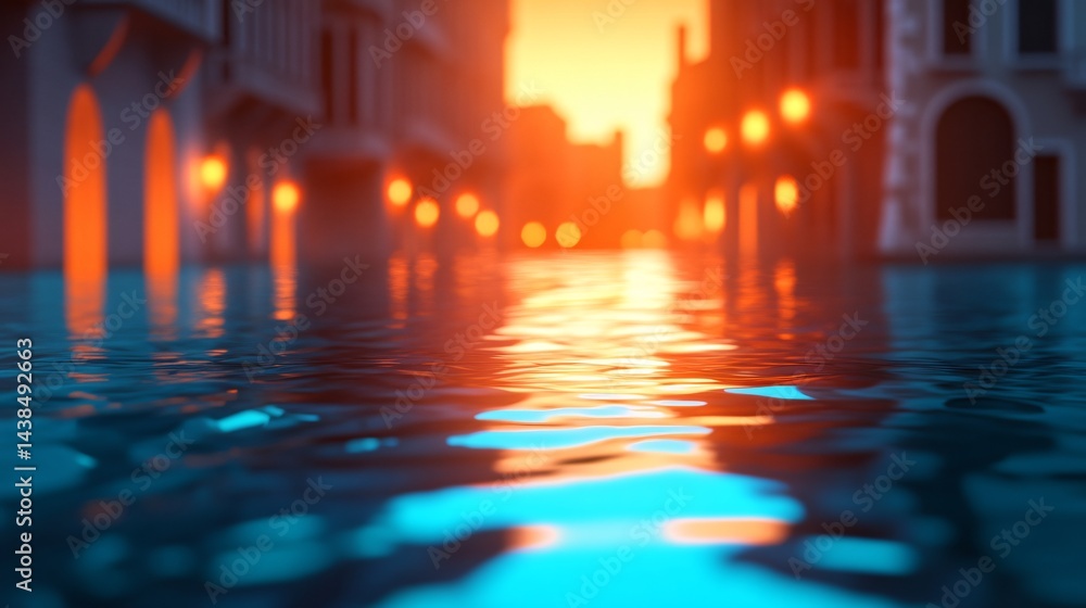 Fototapeta premium Vibrant sunset reflecting on tranquil waters, colorful cityscape, serene atmosphere, perfect for relaxation and inspiration.