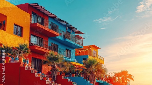 Obraz na płótnie Vibrant colorful buildings cascading down a hillside at sunset w salonie